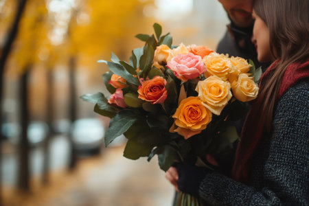 Romantic couple holding a bouquet of colorful roses in an autumn parkの素材
