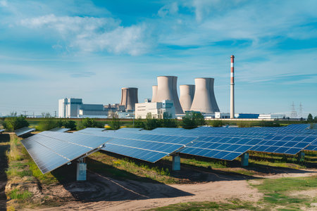 Rows of solar panels are producing sustainable energy in front of a nuclear power station, symbolizing the transition to green energyの素材