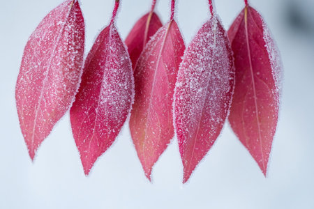 Beautiful red autumn leaves covered with frost hanging on a branch in winterの素材