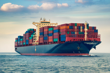 Fully loaded container ship sailing on the open sea at sunset, transporting cargo internationallyの素材