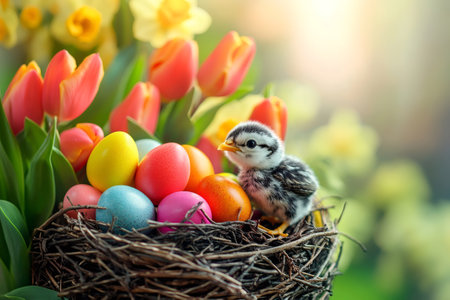 Cute baby chick sitting in a nest surrounded by colorful easter eggs and spring flowers, celebrating new life and springtimeの素材