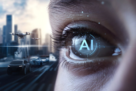 Close-up of woman's eye with ai symbol, visualizing artificial intelligence integration in smart city with autonomous vehicles and dronesの素材