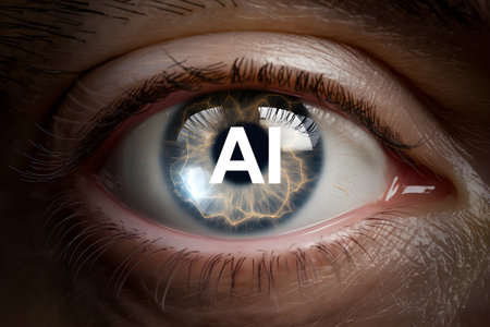 Close-up of a human eye reflecting the letters ai, symbolizing the integration of artificial intelligence with glowing neural networkの素材