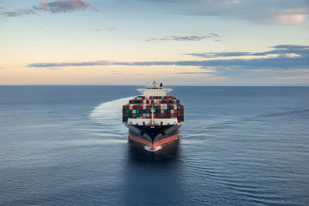 Fully loaded container ship cruising across a tranquil ocean during a vibrant sunset, symbolizing global trade and logisticsの素材