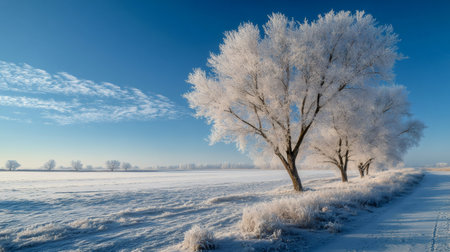 Winter landscape showing hoar frost covering trees and field with clear blue skyの素材
