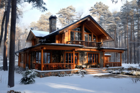 Beautiful wooden house with stone chimney and snow-covered roof in a tranquil winter forest setting, creating a cozy and inviting atmosphereの素材