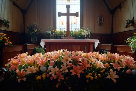 Easter lilies and colorful eggs decorating a church altar for a resurrection Sunday celebrationの素材