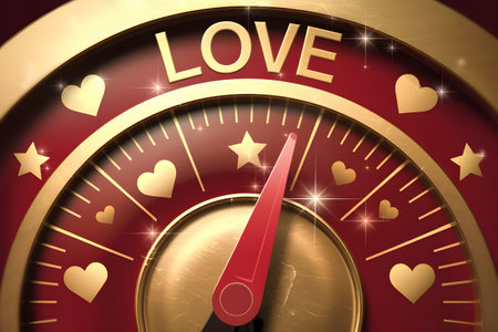 Love meter with golden hearts and stars pointing at the maximum level, indicating a very high level of affectionの素材