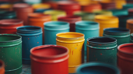Many colorful paint cans are arranged together, showcasing a vibrant spectrum of hues for artistic endeavorsの素材