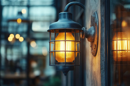 Glowing vintage lamp illuminating a building exterior with a blurred backgroundの素材