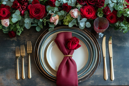 Romantic table setting with red roses, golden cutlery, and elegant plates, creating a luxurious ambiance for a special occasionの素材