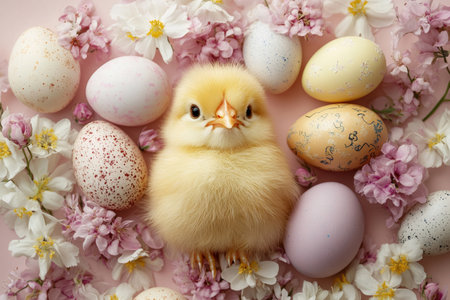 Adorable yellow chick surrounded by colorful easter eggs and delicate spring flowers on a pink background, celebrating new life and springtime festivitiesの素材