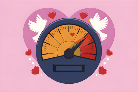 Love meter needle pointing to maximum with doves and hearts on pink background, symbolizing high romance levels for valentine's dayの素材