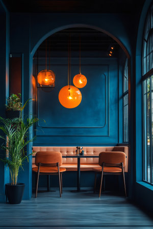 Cozy restaurant booth bathed in warm orange light from stylish hanging lamps, creating an inviting atmosphereの素材