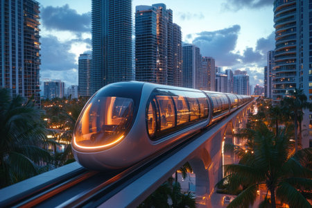 Futuristic monorail glides through a vibrant cityscape at dusk, showcasing innovative urban transportationの素材