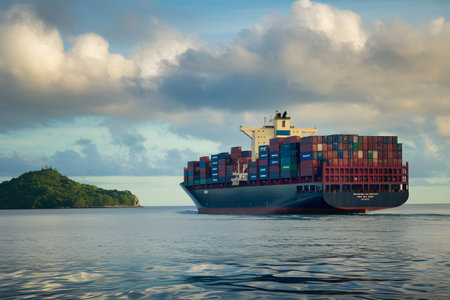 Container ship sailing on the ocean near tropical island at sunset, maritime transport conceptの素材