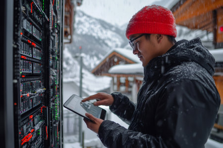 It engineer wearing red beanie using tablet and checking server rack in snowy mountain environmentの素材