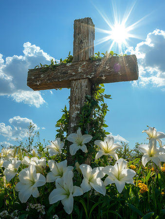 Rustic wooden cross adorned with vines stands in a field of white lilies, illuminated by bright sunshine and a blue skyの素材