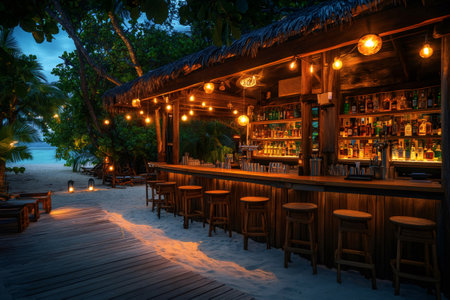 Cozy beach bar illuminated by string lights, creating a relaxing atmosphere for enjoying tropical cocktails at sunsetの素材