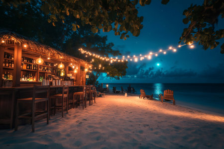 Wooden beach bar illuminated with string lights under a beautiful night skyの素材