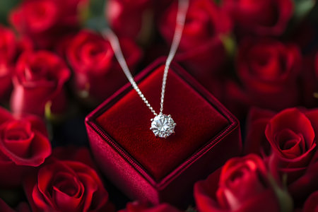 Elegant diamond necklace presented on a red velvet box amidst a bed of vibrant red roses, creating a romantic and luxurious sceneの素材