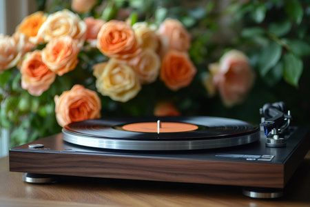 Enjoying music and flowers, a vinyl record spinning on a turntable with a beautiful bouquet of roses in the background creates a cozy atmosphereの素材