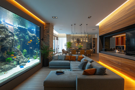 Large, luxurious living area featuring a massive built-in aquarium, creating a calming and sophisticated atmosphereの素材