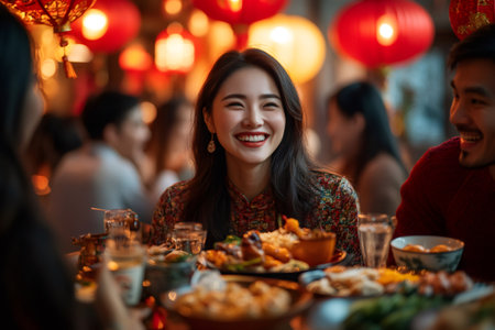 Young woman smiling during a Chinese New Year's Eve dinner with friends, surrounded by traditional red lanternsの素材