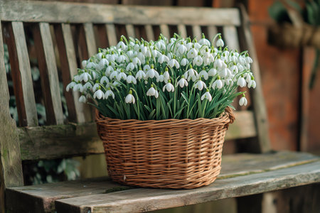 Delicate white snowdrops blooming in a wicker basket on a rustic wooden bench, symbolizing the arrival of springの素材