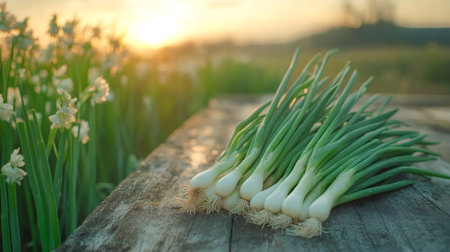 Bunch of green onions freshly harvested from garden, placed on wooden table at sunset, with daffodils in backgroundの素材