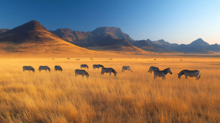 Herd of zebras grazing peacefully in golden grass field with scenic mountain range at sunset, showcasing african wildlife beautyの素材