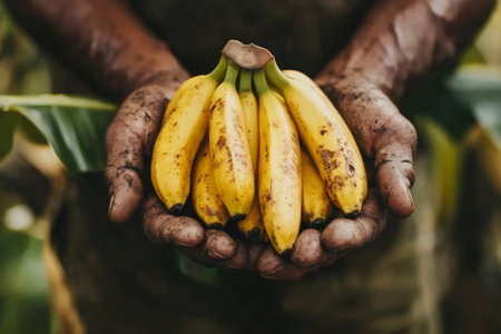 Close-up of a farmer proudly displaying a bunch of freshly harvested bananas, emphasizing the hard work and dedication involved in cultivating this tropical fruitの素材