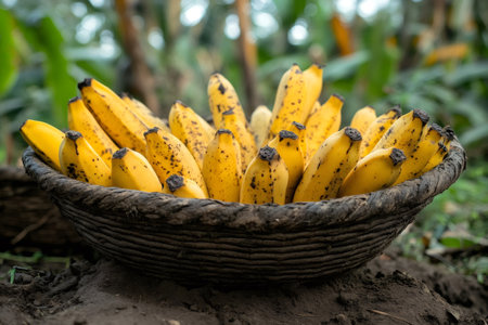 Ripe bananas with brown spots sit in a woven basket placed on the soil, suggesting a recent harvest in a tropical settingの素材