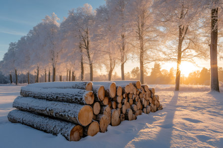 Logs covered with snow are stacked near frozen trees at sunrise in a winter landscapeの素材