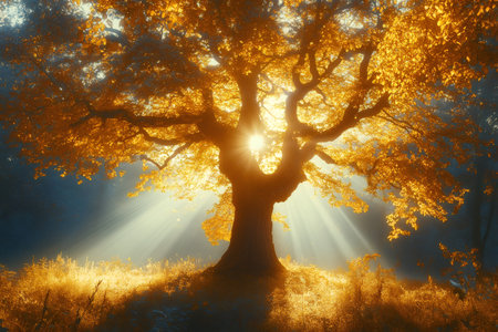 Golden autumn foliage and sunbeams shining through branches of a majestic treeの素材
