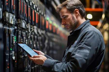 It engineer using digital tablet, monitoring and controlling network servers in modern data centerの素材