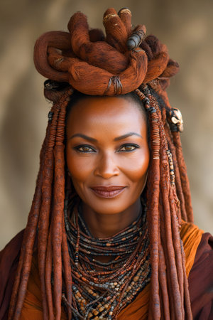 Portrait of a himba woman showcasing her unique ochre-covered dreadlocks and traditional beaded necklace, her serene smile reflecting the rich cultural heritage of her peopleの素材