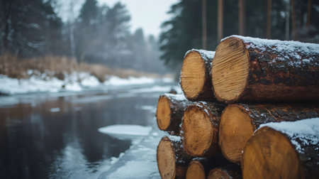 Logs covered with snow are stacked by a frozen river in a winter forest, creating a serene and natural sceneの素材
