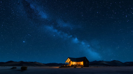 Cozy cabin glowing under a breathtaking milky way galaxy in a serene desert landscape at nightの素材