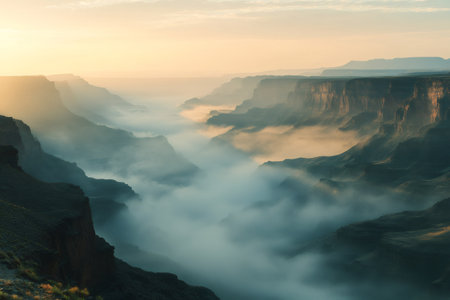 Golden sunlight illuminates fog filling the vast valley of the grand canyon at sunriseの素材