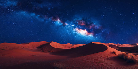 Breathtaking view of the milky way illuminating the sand dunes of a vast desert at nightの素材
