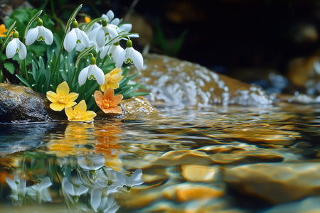 Beautiful white snowdrop flowers and orange winter aconites growing on a rock near a stream, reflected in the waterの素材