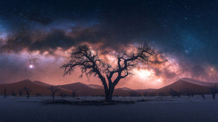 Stunning view of the milky way arching over a desert landscape with silhouetted dead trees and sand dunesの素材