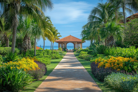 Paved pathway through lush tropical gardens leads to gazebo with stunning ocean viewの素材