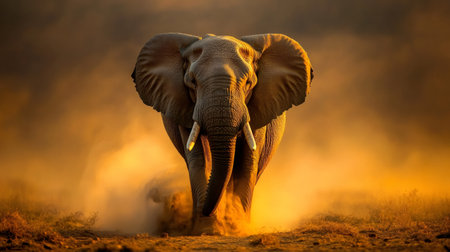 Large male African elephant with big ears and tusks walking in a cloud of dust at sunset in the African savannaの素材