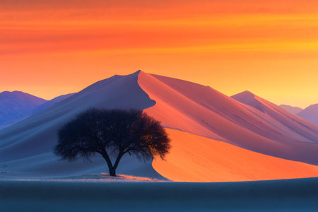 Stunning sunrise paints the sky with vibrant hues, casting a warm glow over the rolling sand dunes and a solitary tree in a serene desert landscapeの素材