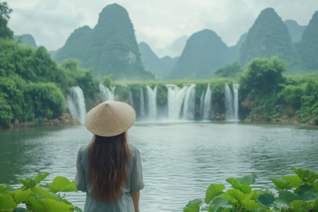 Tourist wearing traditional Vietnamese conical hat contemplating ban gioc detian falls on the border of china and vietnamの素材