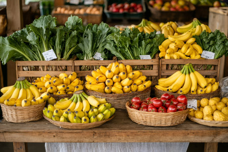Vibrant display of fresh bananas, tomatoes, lemons, and leafy greens at a local farmers market, showcasing the abundance of healthy produceの素材