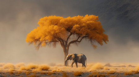 Elephant walking in dusty savannah near golden tree at sunrise in Namibiaの素材