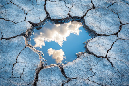 Puddle is reflecting the cloudy sky in cracked earth during a droughtの素材